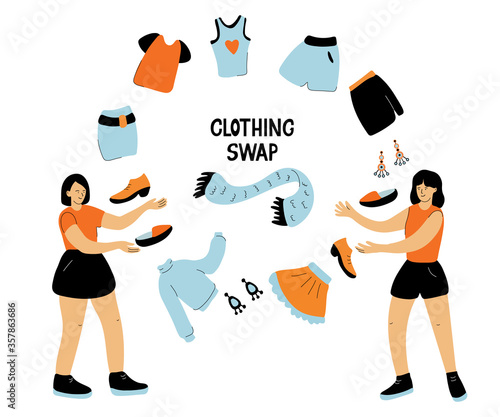 Clothing swap. Hand drawn lettering and vector illustration isolated on white background. Friends exchange their clothes and shoes.