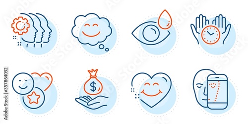 Smile face, Eye drops and Face biometrics signs. Employees teamwork, Income money and Smile line icons set. Safe time symbol. Collaboration, Savings. People set. Outline icons set. Vector