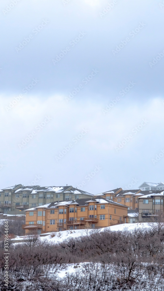 Fototapeta premium Vertical crop Hill with homes on its gentle slope covered with fresh snow during winter season