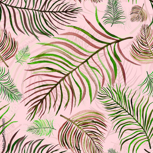 Green palm leaves seamless floral pattern background.