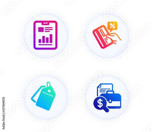 Report document, Sale tags and Credit card icons simple set. Button with halftone dots. Accounting report sign. Page with charts, Discount labels, Loan percent. Financial case. Finance set. Vector © blankstock
