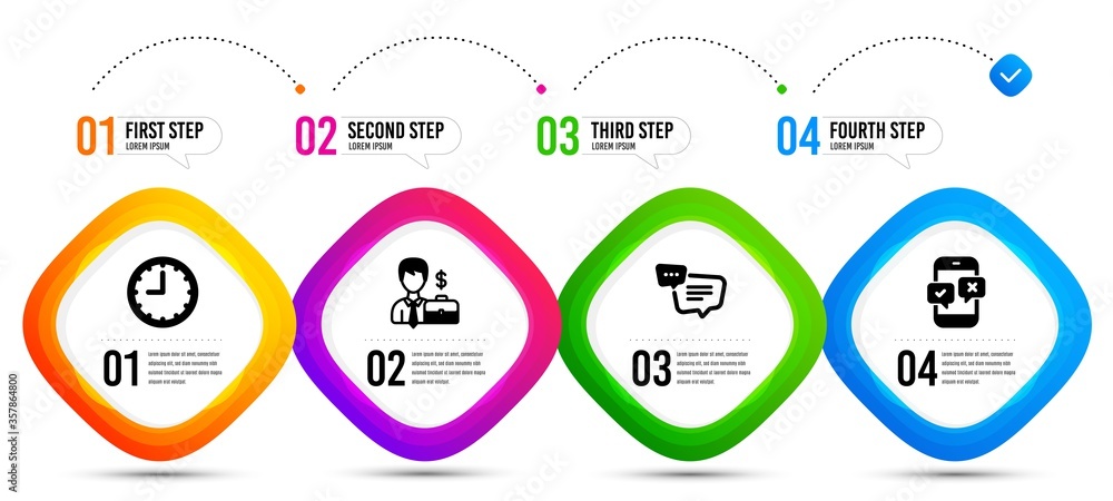 Text message, Businessman case and Time icons simple set. Timeline infographic. Phone survey sign. Chat bubble, Human resources, Office clock. Mobile quiz test. Business set. Vector Text message, Businessman case and Time icons simple set. Timeline infographic. Phone survey sign. Chat bubble, Human resources, Office clock. Mobile quiz test. Business set. Vector