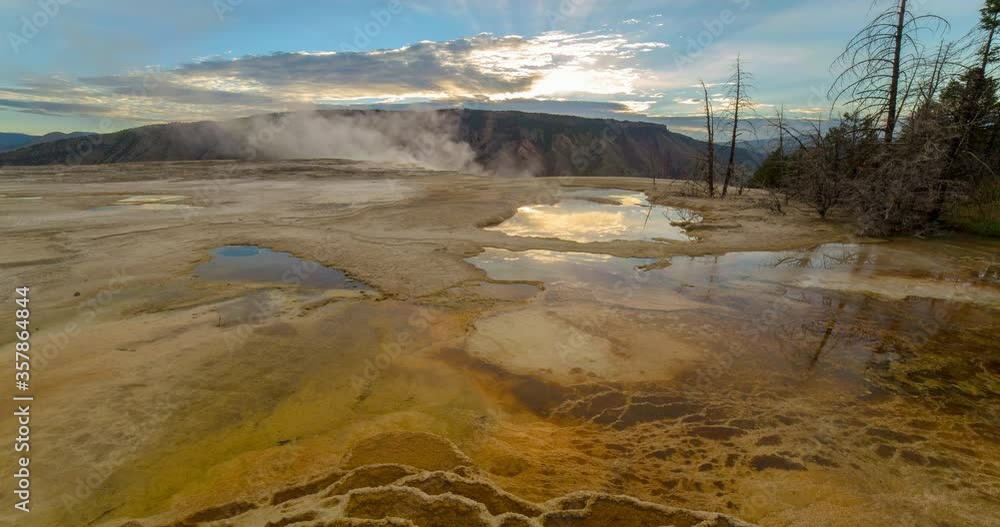 Lockdown time lapse shot of smoke on hot spring against sky at sunrise - Yellowstone National Park, Wyoming Lockdown time lapse shot of smoke on hot spring against sky at sunrise - Yellowstone National Park, Wyoming