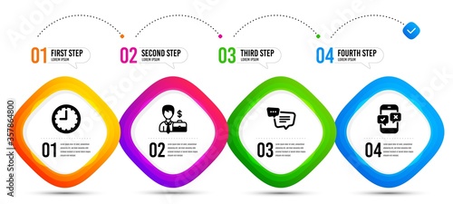 Text message, Businessman case and Time icons simple set. Timeline infographic. Phone survey sign. Chat bubble, Human resources, Office clock. Mobile quiz test. Business set. Vector