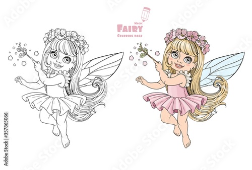Cute little spring fairy girl with magic wand color and outlined picture for coloring book on white background