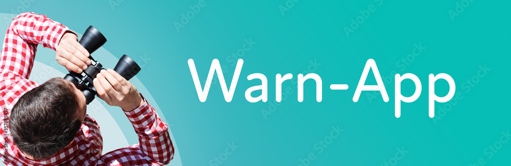 Naklejka premium Warn-App. Mann mit Fernglas aus Vogelperspektive. Beobachtung, Draufsicht, Panorama. Business Text auf blau. Statistik, Wirtschaft