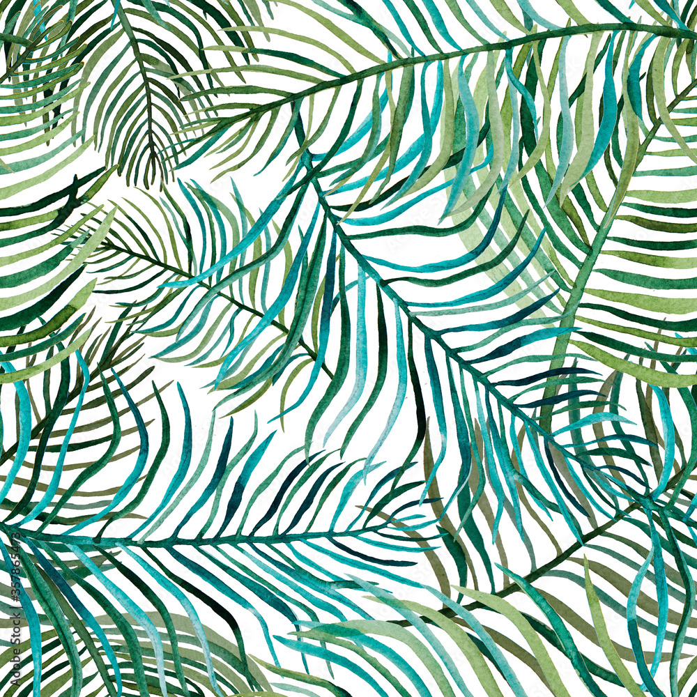 Tropical palm green leaves seamless pattern background.
