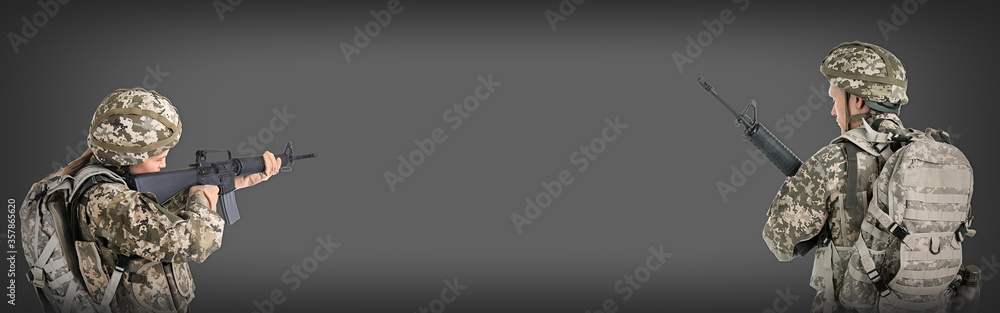 People in military uniforms with machine guns on color background, banner design. Space for text People in military uniforms with machine guns on color background, banner design. Space for text