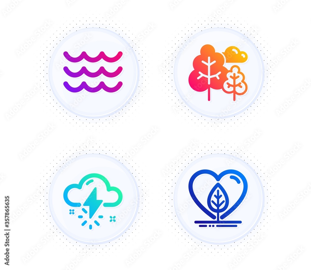 Thunderstorm weather, Waves and Tree icons simple set. Button with halftone dots. Local grown sign. Thunder bolt, Water wave, Forest plants. Organic tested. Nature set. Vector Thunderstorm weather, Waves and Tree icons simple set. Button with halftone dots. Local grown sign. Thunder bolt, Water wave, Forest plants. Organic tested. Nature set. Vector