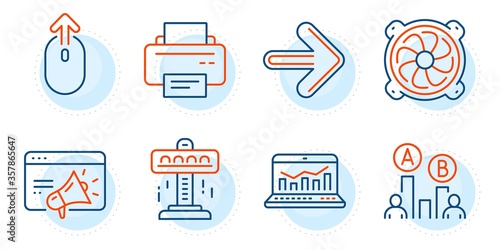 Seo marketing, Swipe up and Ab testing signs. Attraction, Computer fan and Web analytics line icons set. Next, Printer symbols. Free fall, Pc ventilator. Technology set. Outline icons set. Vector