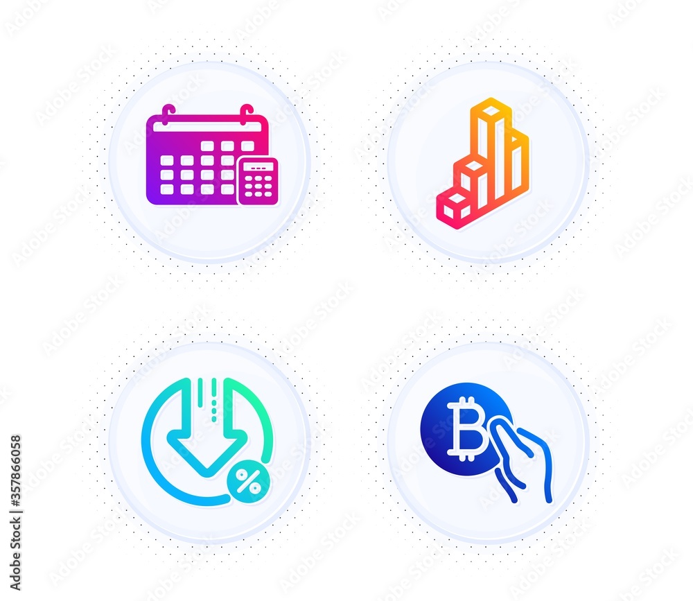 Loan percent, 3d chart and Calendar icons simple set. Button with halftone dots. Bitcoin pay sign. Decrease rate, Presentation column, Calculator device. Cryptocurrency coin. Finance set. Vector Loan percent, 3d chart and Calendar icons simple set. Button with halftone dots. Bitcoin pay sign. Decrease rate, Presentation column, Calculator device. Cryptocurrency coin. Finance set. Vector