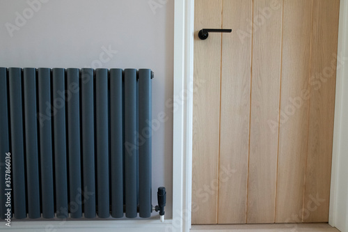 Wallpaper Mural Close Up Of Closed Wooden Door And Stylish Central Heating Radiator In Modern Home Torontodigital.ca