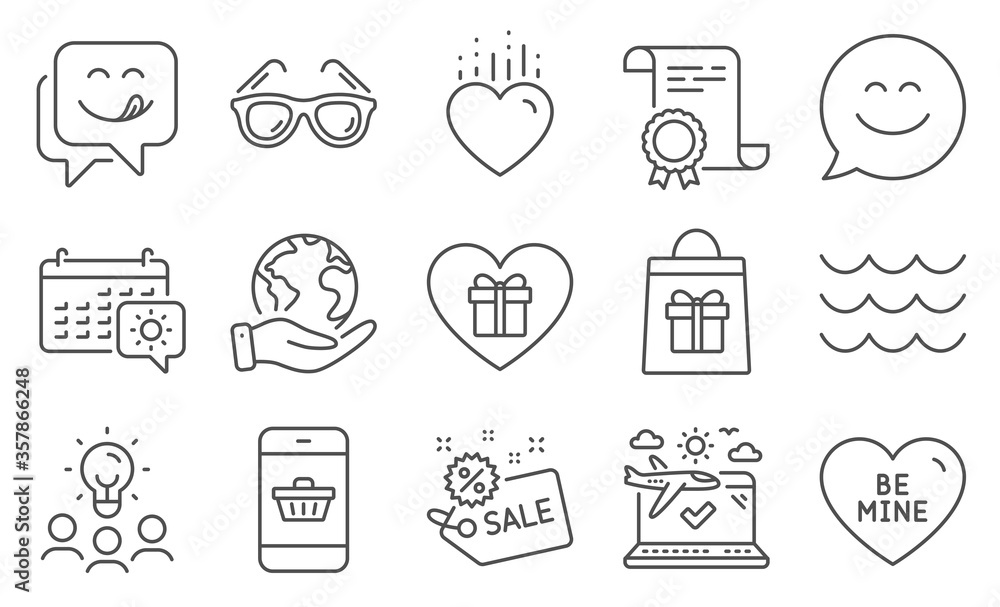 Set of Holidays icons, such as Sale, Smartphone buying. Diploma, ideas, save planet. Waves, Be mine, Romantic gift. Heart, Sunglasses, Yummy smile. Smile chat, Airplane travel, Travel calendar. Vector Set of Holidays icons, such as Sale, Smartphone buying. Diploma, ideas, save planet. Waves, Be mine, Romantic gift. Heart, Sunglasses, Yummy smile. Smile chat, Airplane travel, Travel calendar. Vector