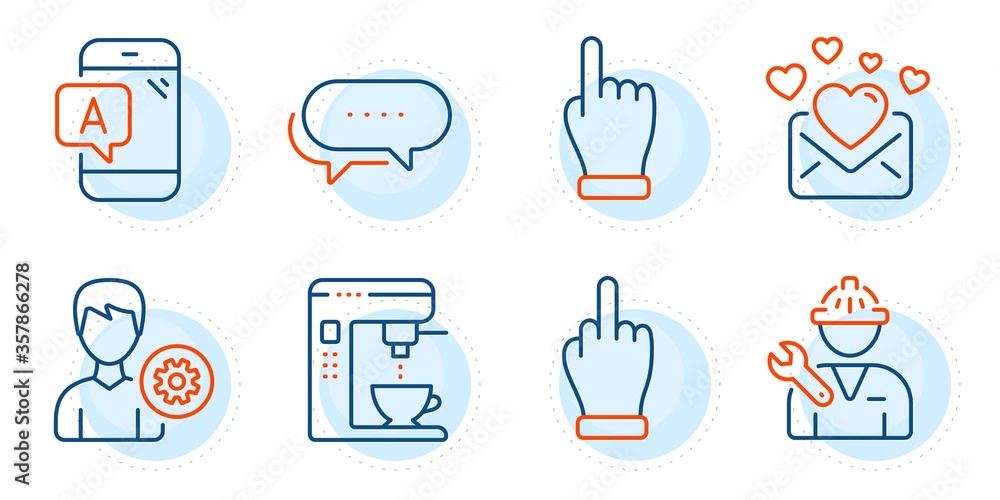 Repairman, Love mail and Dots message signs. Ab testing, Support and Coffee maker line icons set. Click hand, Middle finger symbols. Phone test, Edit profile. Business set. Outline icons set. Vector Repairman, Love mail and Dots message signs. Ab testing, Support and Coffee maker line icons set. Click hand, Middle finger symbols. Phone test, Edit profile. Business set. Outline icons set. Vector