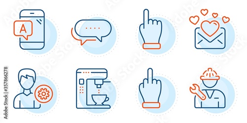 Repairman, Love mail and Dots message signs. Ab testing, Support and Coffee maker line icons set. Click hand, Middle finger symbols. Phone test, Edit profile. Business set. Outline icons set. Vector