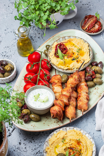 Traditional greek chicken souvlaki with tzatziki sauce