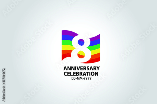 8 year anniversary celebration logotype with white number Emboss Style isolated on LGBT Colorful Flag on white grey background for invitation card, banner or flyer -vector