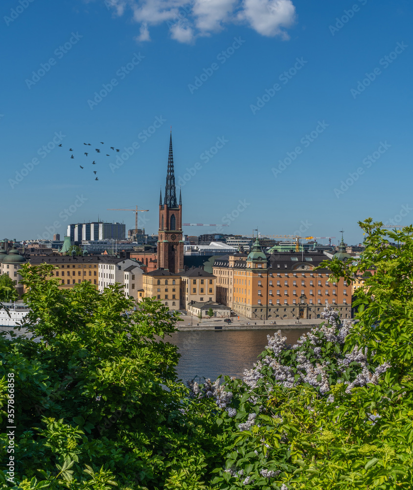 Riddarholm Church (Riddarholmskyrkan). Old town in Stockholm. Photo of medieval architecture. View from Sodermalm district.