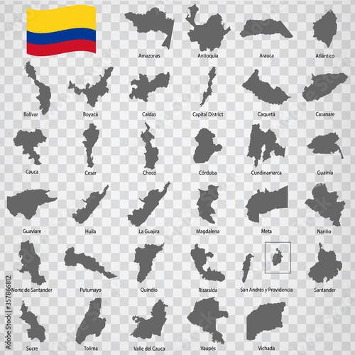 Thirty three Maps of departments Colombia - alphabetical order with name. Every single map of state are listed and isolated with wordings and titles. Republic of Colombia. EPS10.  photo