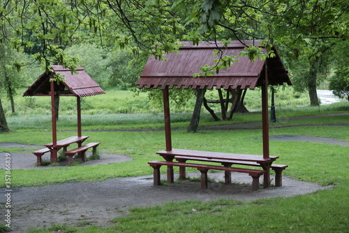 barbecue arbors in rainy park