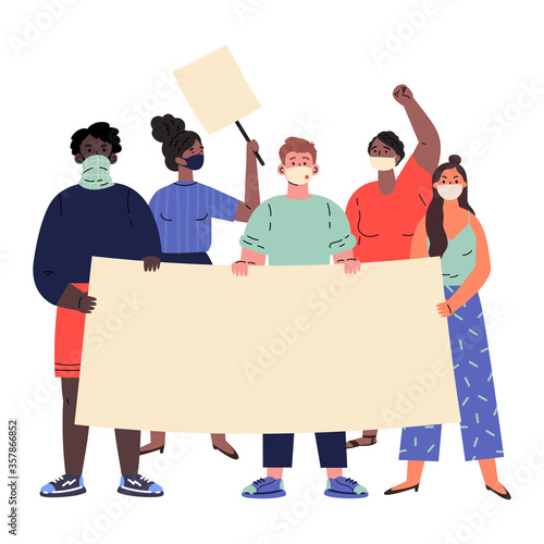 Crowd of protesting people holding banners and placards.Black lives matter.Men and women taking part in rally,protest.Group of international male and female protesters or activists.Vector illustration