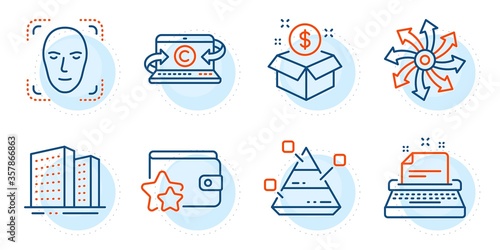 Typewriter, Post package and Copywriting notebook signs. Pyramid chart, Face detection and Buildings line icons set. Loyalty program, Versatile symbols. Report analysis, Detect person. Vector