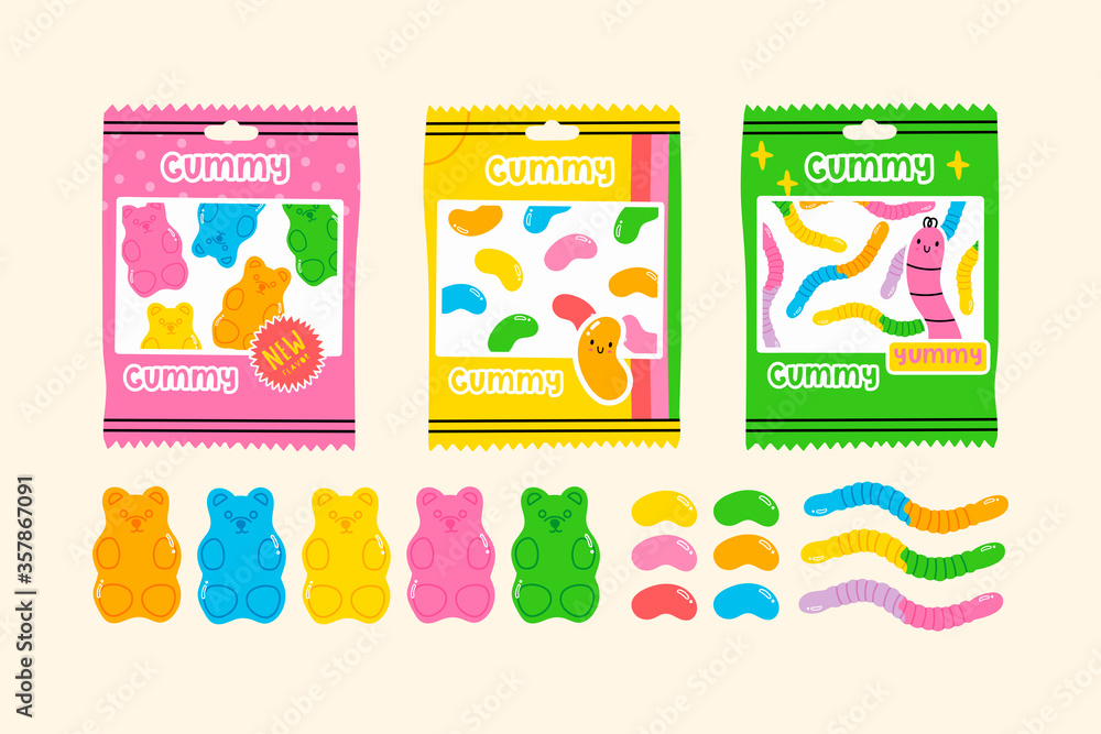 Colorful Fruity and tasty Sweets. Various Gummy and Jelly candies. Bears, Worms, Beans. Hand drawn Vector set. Trendy illustrations. Cartoon style. All elements are isolated