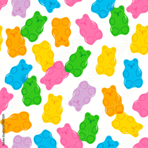 Colorful Fruity and tasty Sweets and candies. Various Gummy and Jelly Bears. Hand drawn Vector Trendy illustration. Cartoon style. Seamless Pattern, Background, Wallpaper. Perfect for prints