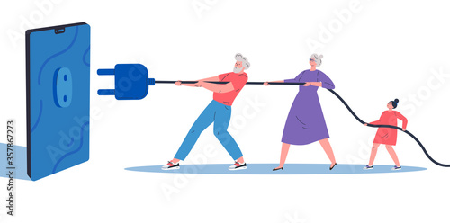 Digital Detox, Social media detox concept illustration in flat style.Grandparents with child disconnecting and doing a digital detox,they are unplugging the phone and being offline.Vector illustration