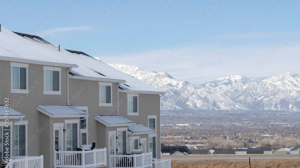 Panorama South Jordan City Utah residential landscape overlooking snowy Wasatch Mountains