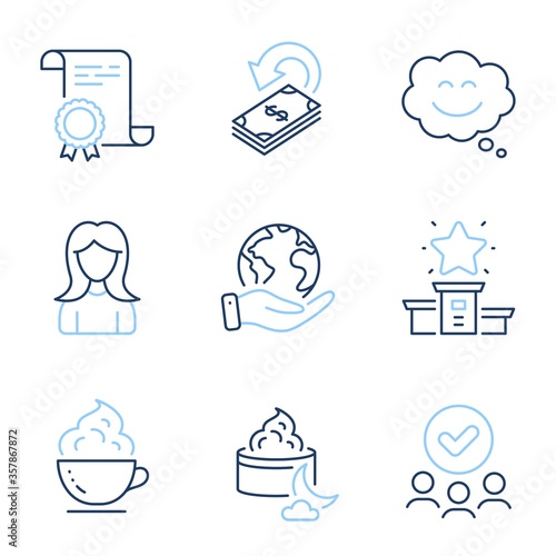 Smile chat, Winner podium and Coffee cup line icons set. Diploma certificate, save planet, group of people. Cashback, Woman and Night cream signs. Happy face, First place, Whipped cream. Vector