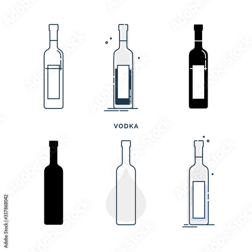 Set of bottles with vodka in different styles. Template alcohol beverage for restaurant, bar, pub. Symbol party. Collection one drink. Isolated flat illustration on white background