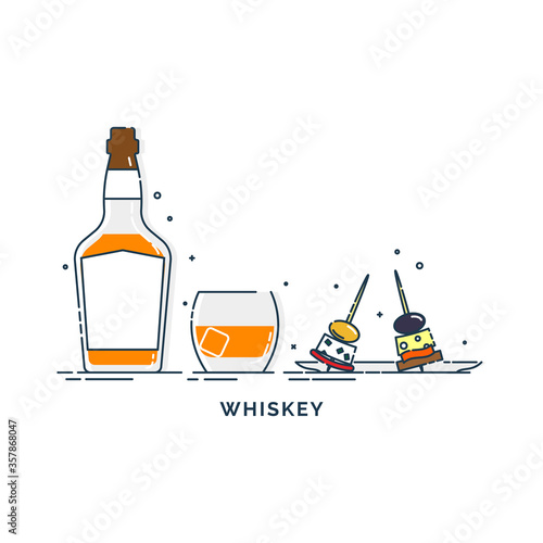 Bottle of whiskey and glass with canapes. Olive, cheese, bread, salmon or meat. Set of alcoholic drink and tapas. Isolated flat illustration. Line art design for restaurant and pub