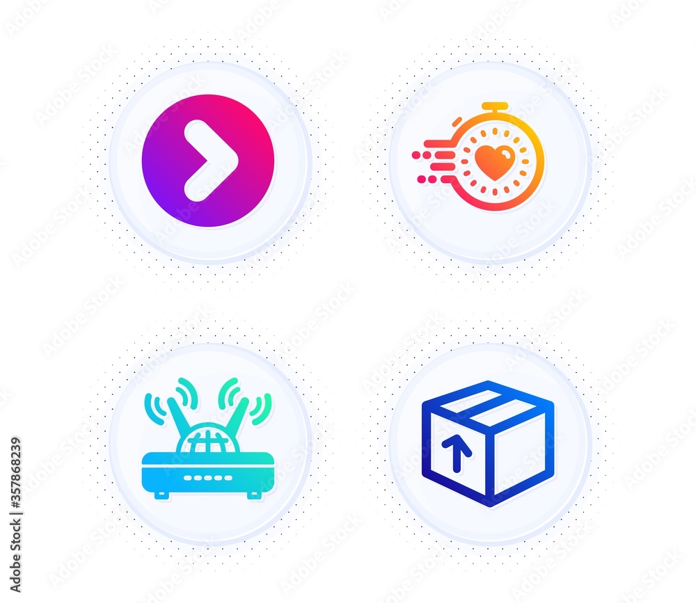 Timer, Forward and Wifi icons simple set. Button with halftone dots. Package sign. Deadline management, Next direction, Internet router. Delivery pack. Business set. Gradient flat timer icon. Vector