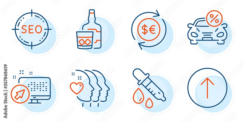 Swipe up, Friends couple and Chemistry pipette signs. Web system, Car leasing and Money currency line icons set. Seo, Whiskey glass symbols. Computer, Transport discount. Business set. Vector
