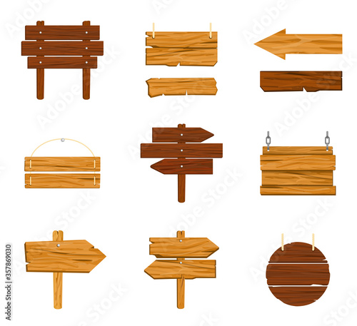 Vector illustration set of different wooden signboard, plaque, planks,wooden blank, banners and ribbons. Button for games or site. Vintage or old sings, pointers collection. Flat style