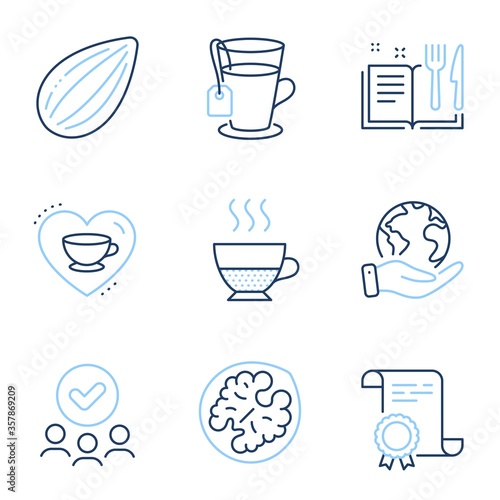Doppio, Love coffee and Recipe book line icons set. Diploma certificate, save planet, group of people. Almond nut, Tea and Walnut signs. Coffee drink, Cappuccino mug, Food. Vegetarian food. Vector