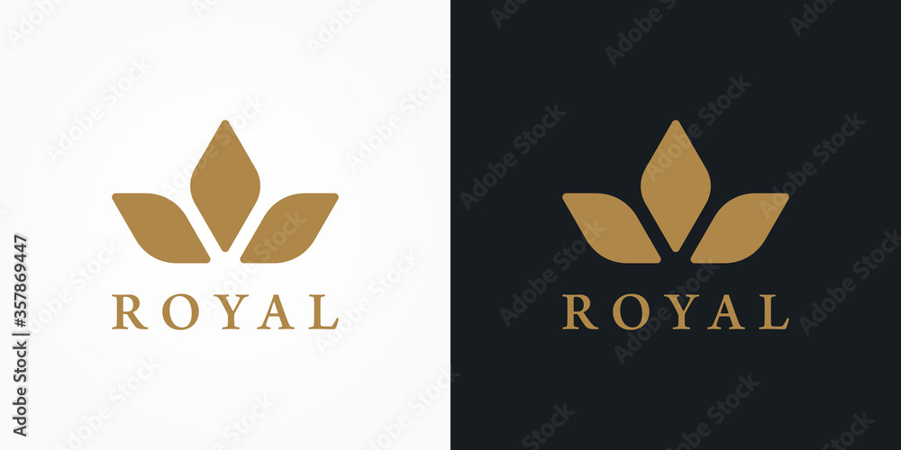 Abstract Royal Logo. Gold Crown and Leaves Combination isolated on Double Background. Usable for Nature, Salon, Spa, Cosmetic and Beauty Logos. Flat Vector Logo Design Template Element. Abstract Royal Logo. Gold Crown and Leaves Combination isolated on Double Background. Usable for Nature, Salon, Spa, Cosmetic and Beauty Logos. Flat Vector Logo Design Template Element.