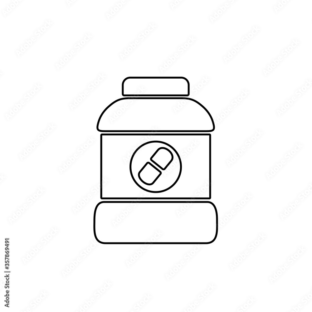 Medicine bottle icon. Pill container symbol. Line icon design. Medicine bottle icon. Pill container symbol. Line icon design.