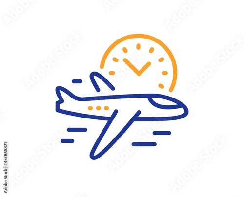 Flight time line icon. Airplane with clock sign. Airport flights symbol. Colorful thin line outline concept. Linear style flight time icon. Editable stroke. Vector
