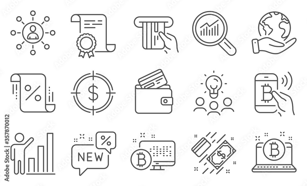 Set of Finance icons, such as Loan percent, Credit card. Diploma, ideas, save planet. Bitcoin, Debit card, Networking. New, Graph chart, Payment. Vector Set of Finance icons, such as Loan percent, Credit card. Diploma, ideas, save planet. Bitcoin, Debit card, Networking. New, Graph chart, Payment. Vector