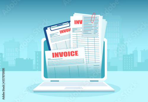 Vector of online invoice with bills coming out of laptop