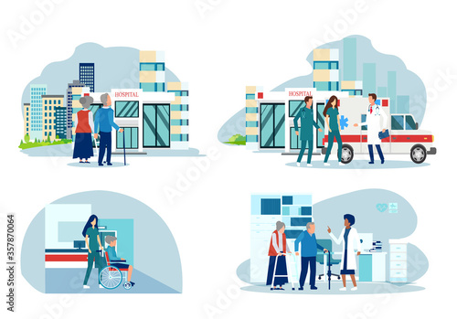 Vector of senior people being admitted in a hospital and assisted by doctor and nurses