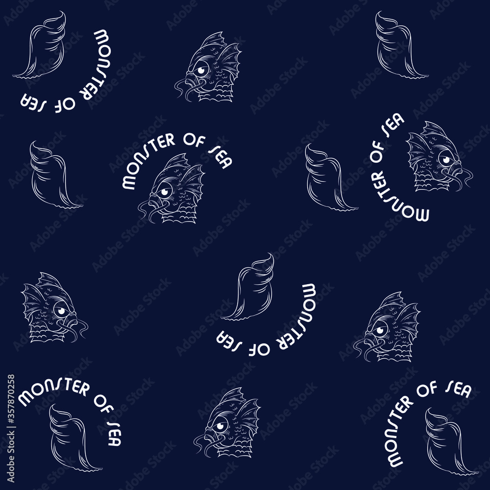 seamless pattern Illustration vector of monster of sea surf with text fashion design 