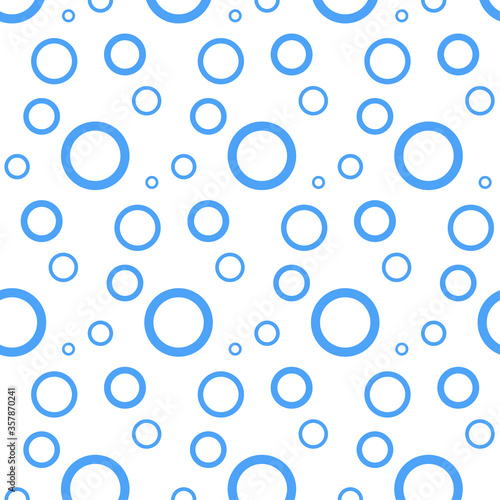 Seamless pattern with water drops. Blue rounds on white board. Fantasy water illustration. Abstract pattern for textile, gift wrap, design and web. Simple minimalistic texture