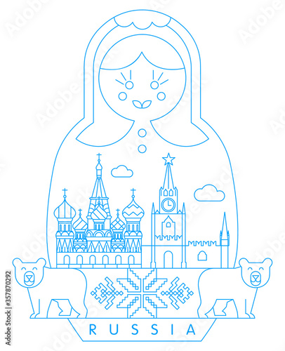 Matryoshka doll, Spasskaya tower of Moscow or Kremlin Clock Chimes and Saint Basil's Cathedral, vector illustration and typography design, Moscow, Kremlin, Russia