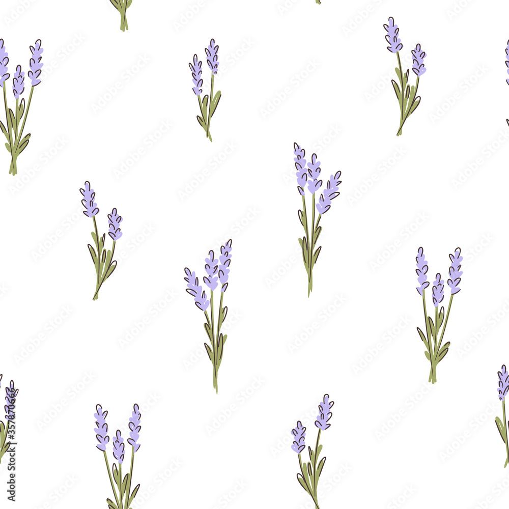 Obraz premium Lavender flower seamless childish pattern on white background. Texture for - fabric, wrapping, textile, wallpaper, apparel. 