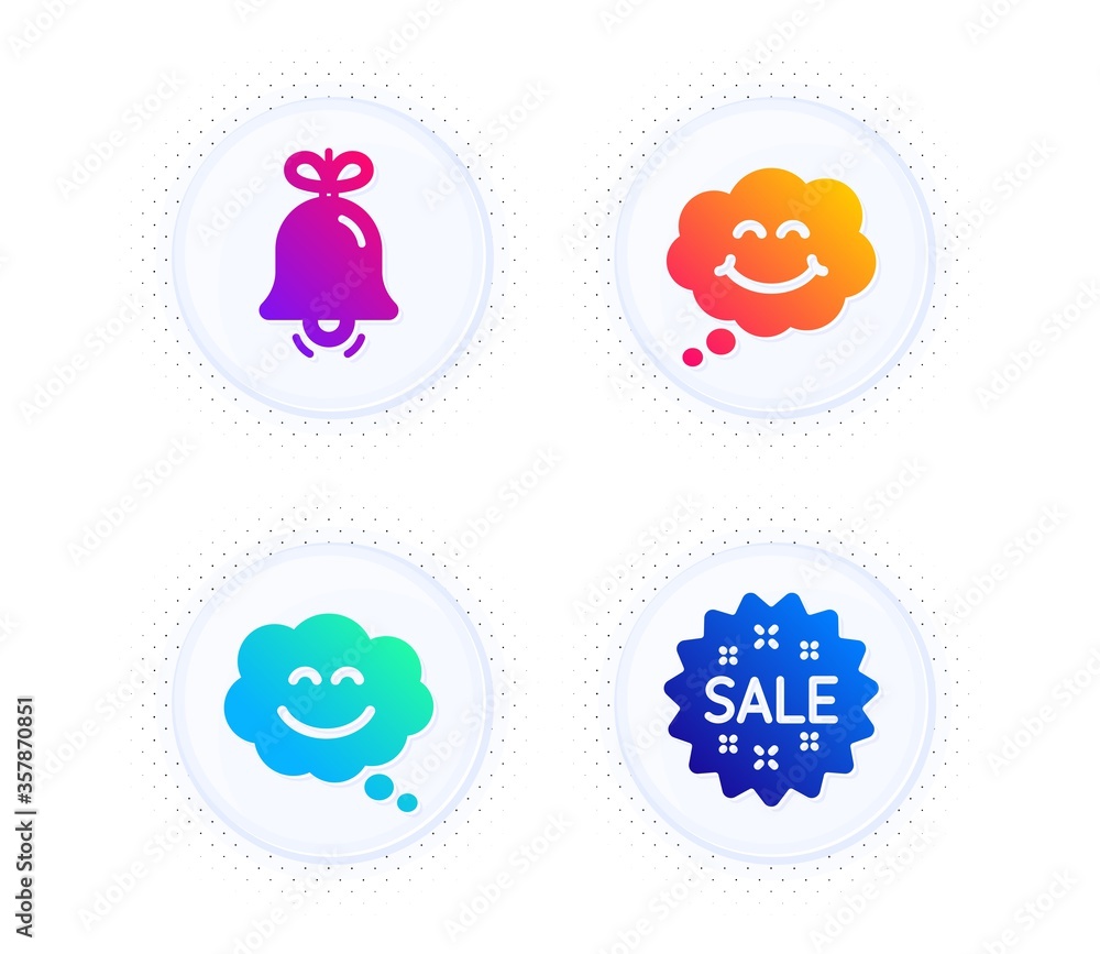 Smile chat, Bell and Smile icons simple set. Button with halftone dots. Sale sign. Happy face, Alarm signal, Comic chat. Shopping star. Holidays set. Gradient flat smile chat icon. Vector