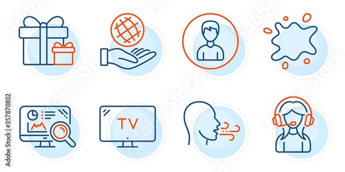 Tv, Safe planet and Support signs. Breathing exercise, Surprise package and Person line icons set. Dirty spot, Seo analytics symbols. Breath, Present boxes. Business set. Outline icons set. Vector