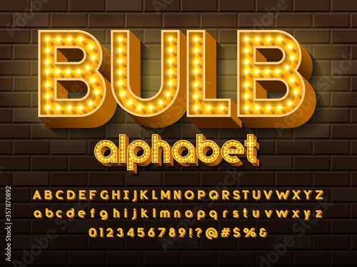 light bulb style alphabet design with uppercase, lowercase, numbers and symbols